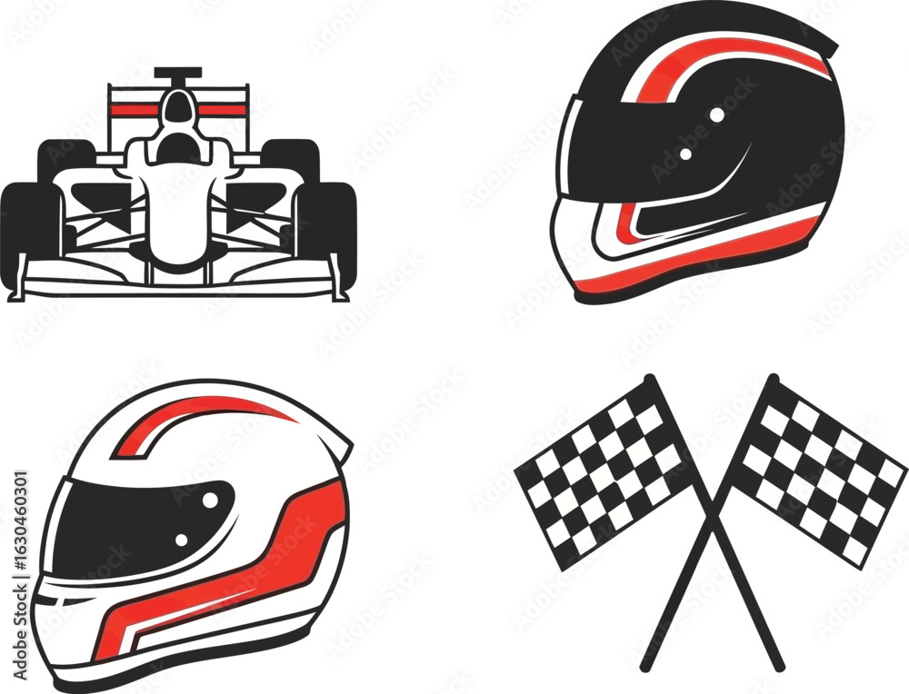 Obraz premium Formula One racing icons: car, helmets, checkered flags.