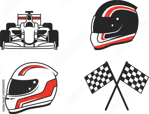 Formula One racing icons: car, helmets, checkered flags.