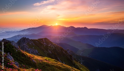 a breathtaking and majestic mountain landscape captured at sunrise radiating beauty and awe