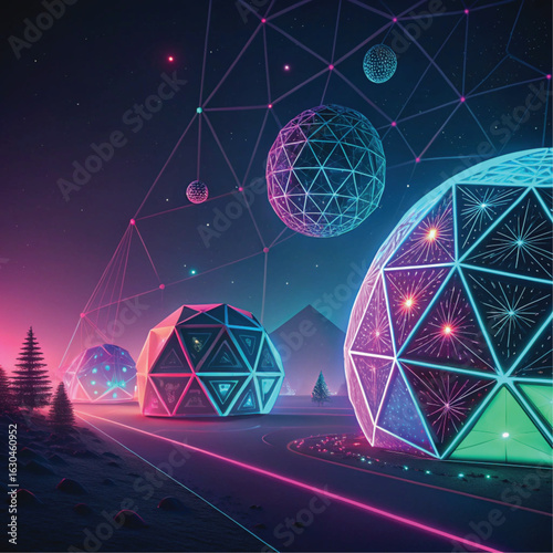 Futuristic Landscape: A Neon-Lit Scene with Geometric Domes