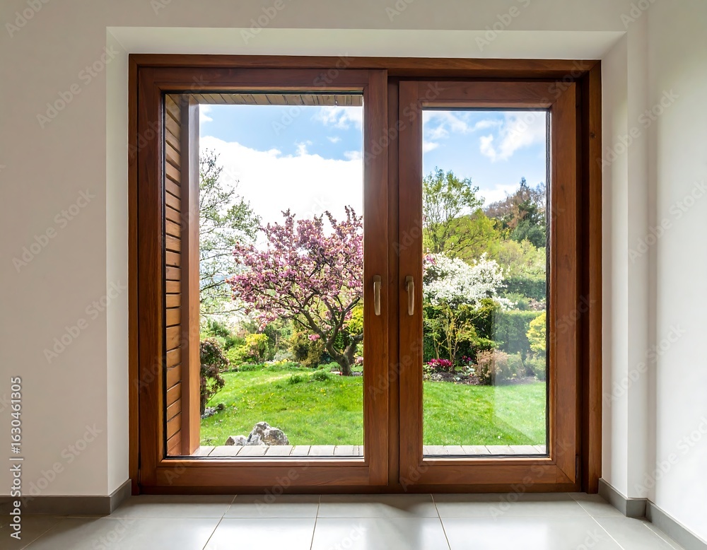 Fototapeta premium Large wooden sliding glass doors with a garden view