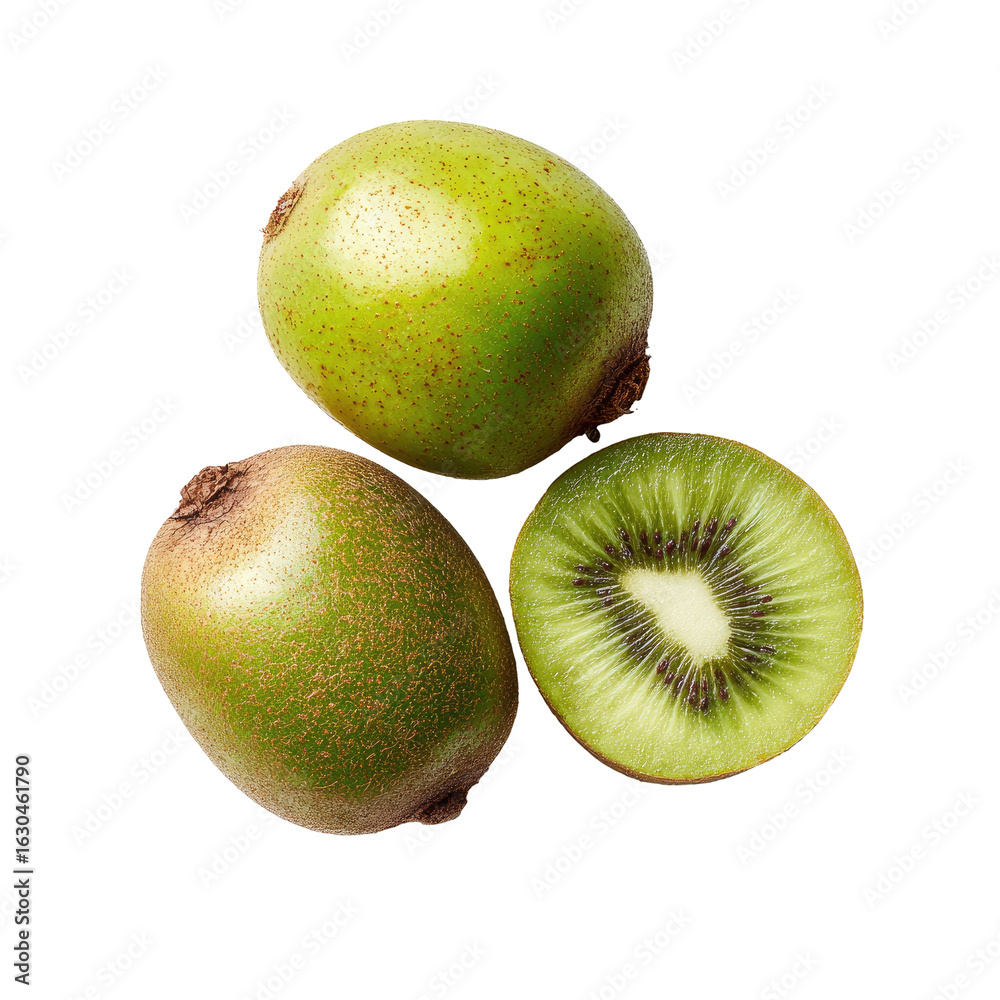 Fototapeta premium Three kiwifruit, one halved, vibrant green and light lime green tones