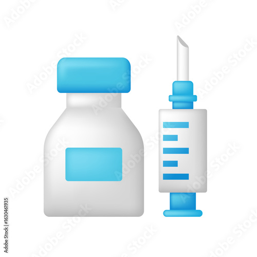 Vaccine 3d icon. Syringe and ampoule with vaccine. Vector icon isolated on white background.