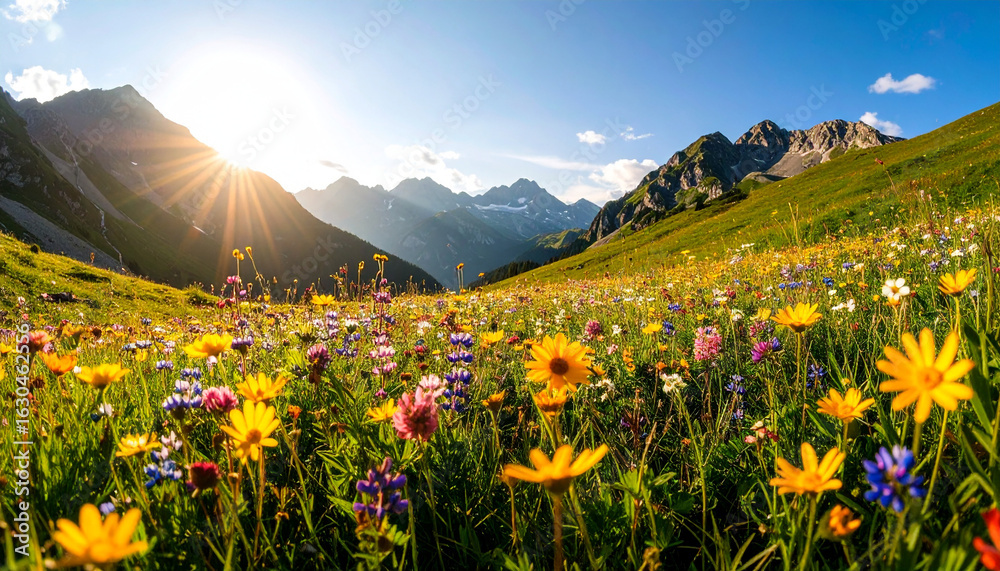 Fototapeta premium Vibrant Wildflower Field with Mountain Peaks and Blue Sky