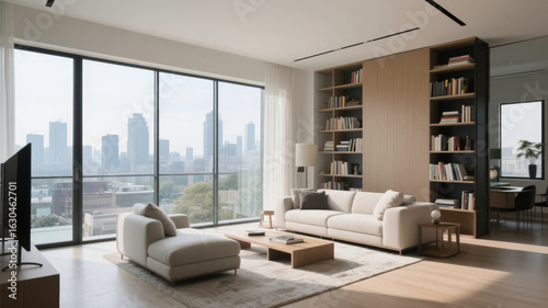 Modern living room with large windows overlooking a cityscape