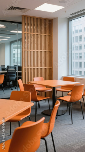 Wallpaper Mural Modern office lounge with orange chairs and wooden tables, featuring a slatted partition and large windows. Torontodigital.ca