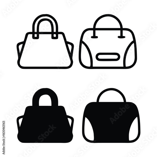 Four handbag icons in black and white outline and solid fill