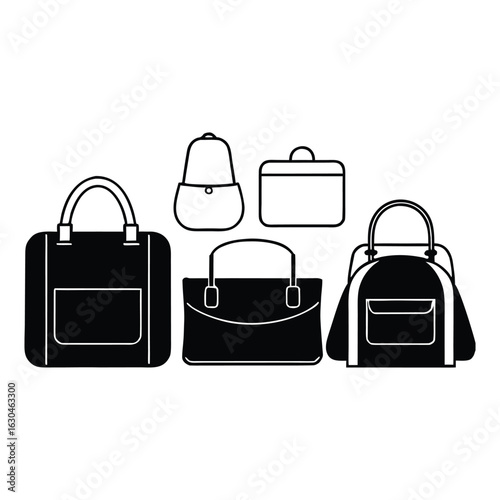 Five Black Outline Bags and Backpacks on White Background