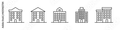 Building icons. Linear style. City real estate, housing architectural design.
Vector illustration.