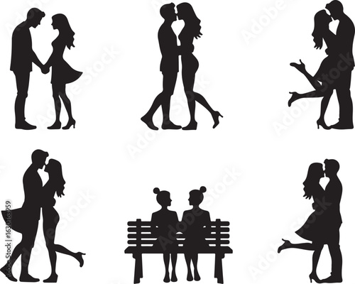 Romantic silhouettes of couples in love sharing tender moments together