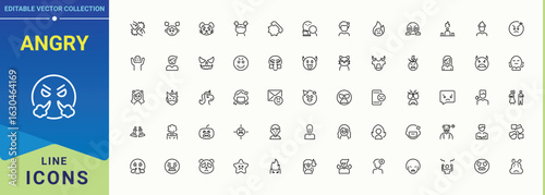 Angry line icon set. Contain linear symbols offensive, anger, attack, aggressive, reaction and more. Offensive icon set. Minimal icons collection. Pixel perfect. Editable vector.
