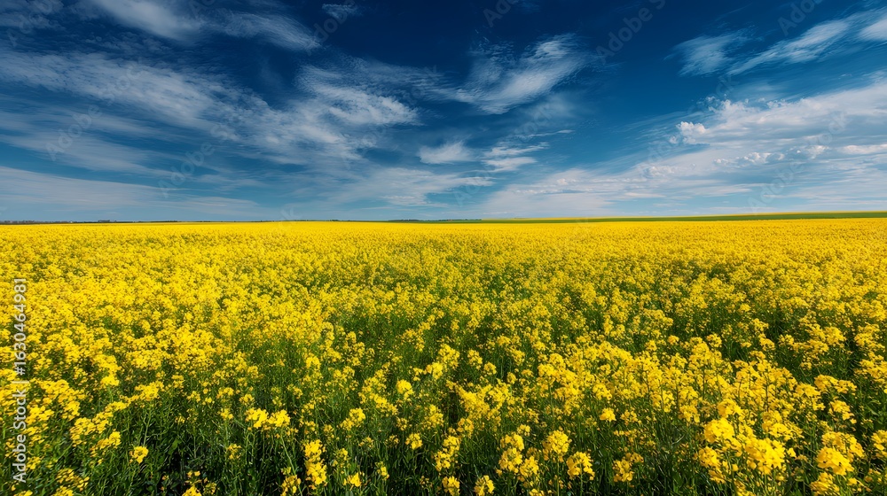 Obraz premium Vibrant yellow rapeseed field under a blue spring sky