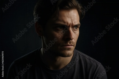 A man's intense expression with a furrowed brow, looking to the side with deep thought, highlighted by dramatic chiaroscuro lighting on a dark background.
