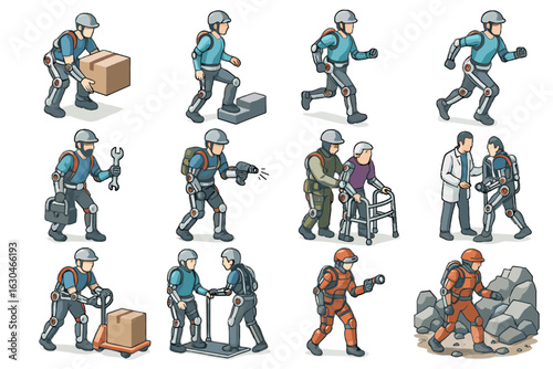 Box exploration enhancement exosuit medical vector warehouse industrial icon walking elder robotic