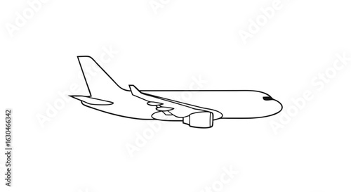 Stylized Outline of a Passenger Airplane in Flight, Black and White Design Isolated on White Background