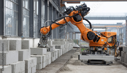 A robotic arm actively places concrete blocks in a structured arrangement on a construction site, showcasing modern automation technology
