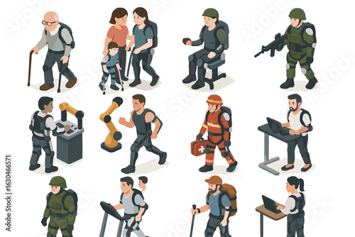Icon robotic exosuit therapy emergency vector backpacker posture walking rehab disabled female