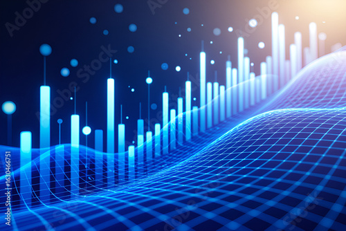 Abstract glowing blue digital data visualization with rising bar graph and futuristic wave pattern
