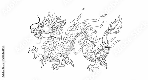Elaborate monochrome line art depiction of a traditional Chinese dragon illustration