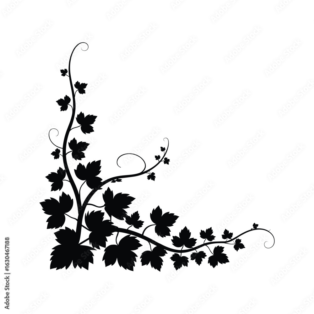 Naklejka premium Black silhouette of a grapevine border design with leaves