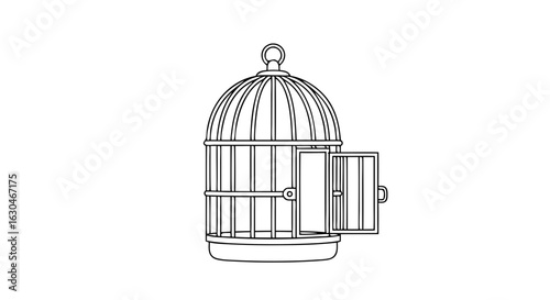 Minimalist Birdcage Illustration with Open Door Design Symbolizing Freedom and Liberation Concept Drawn in Black and White Line Art Style
