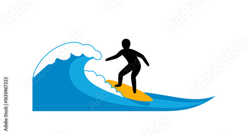 Stylized Silhouette of a Surfer Riding a Blue Wave on a Yellow Board, Vector Art