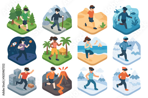 Training mountain setting vr beachside rooftop icon space fitness underwater vector run