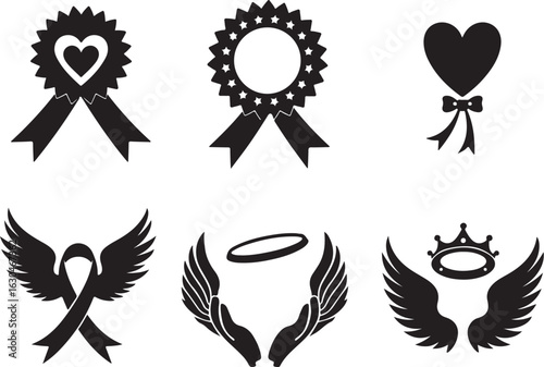 Elegant award badges, angel wings, and heart ribbons for design projects