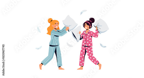 Playful pajama party: Two girls in polka dot and striped pajamas engaged in a joyful pillow fight indoors