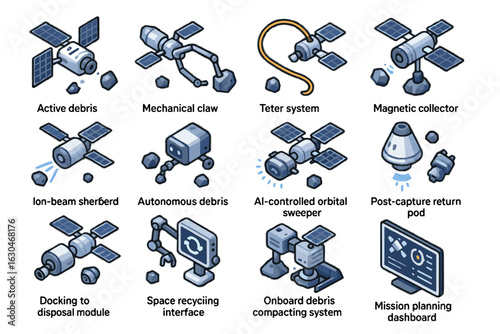 Chaser module icon mission removal icons debris orbital docking satellite space vector