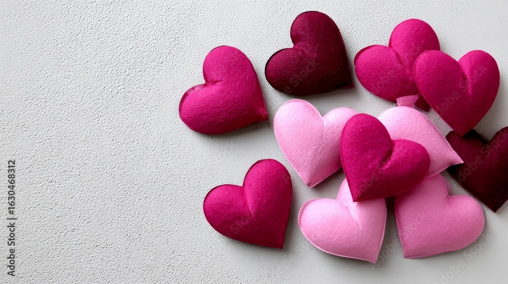 Obraz premium A collection of hearts in pink and red are arranged on a white background. Concept of love and affection, as the hearts are often associated with these emotions
