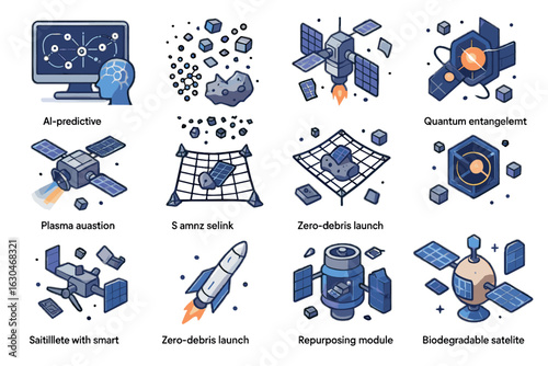 Debris vaporization entanglement vector kinetic satellite icon smart futuristic space orbital shielding