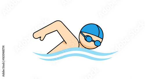 Stylized swimmer illustration in blue cap and goggles, enjoying aquatic exercise, with waves accentuating the sport activity shown