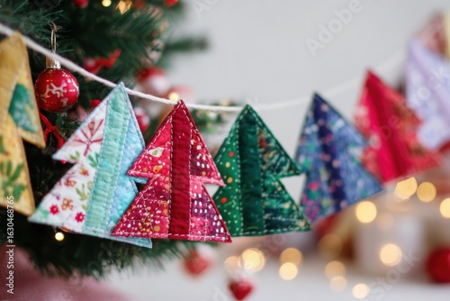 Colorful Quilted Christmas Trees Hanging as Festive Holiday Decorations.