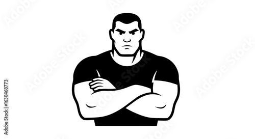 Monochromatic depiction of muscular figure with arms crossed radiating fortitude and assertiveness portrayed in a simplistic bold illustration