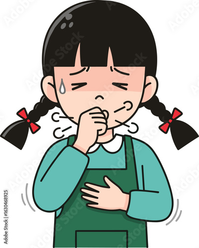 Child coughing in green apron, medical illustration of illness symptoms, respiratory health awareness, cartoon vector for pediatric healthcare content
