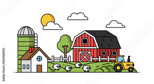 Stylized countryside farm illustration with barn, sheep and tractor idyllic vector graphic capturing the essence of rural landscape with farm animals