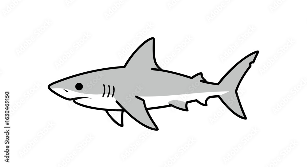 Naklejka premium Cartoon Great White Shark Illustration on a Clean White Backdrop Depicting Aquatic Marine Animal in a Simplified Style Suitable for Childrens Books