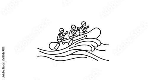 Line Art Depiction of Whitewater Rafting Adventure with Paddle Team Harmony on Wavy River