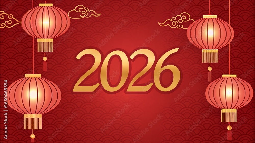 Naklejka premium Festive chinese new year greeting card with lanterns and the year two thousand and twenty six in gold