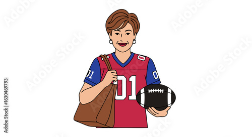 Enthusiastic football mom illustration ready for the game with stylish attire showing team pride and sportsmanship enthusiasm