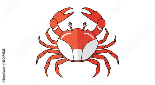 Cartoon Illustration of a Red Crab with Prominent Claws on a White Background, Aquatic Life Depiction
