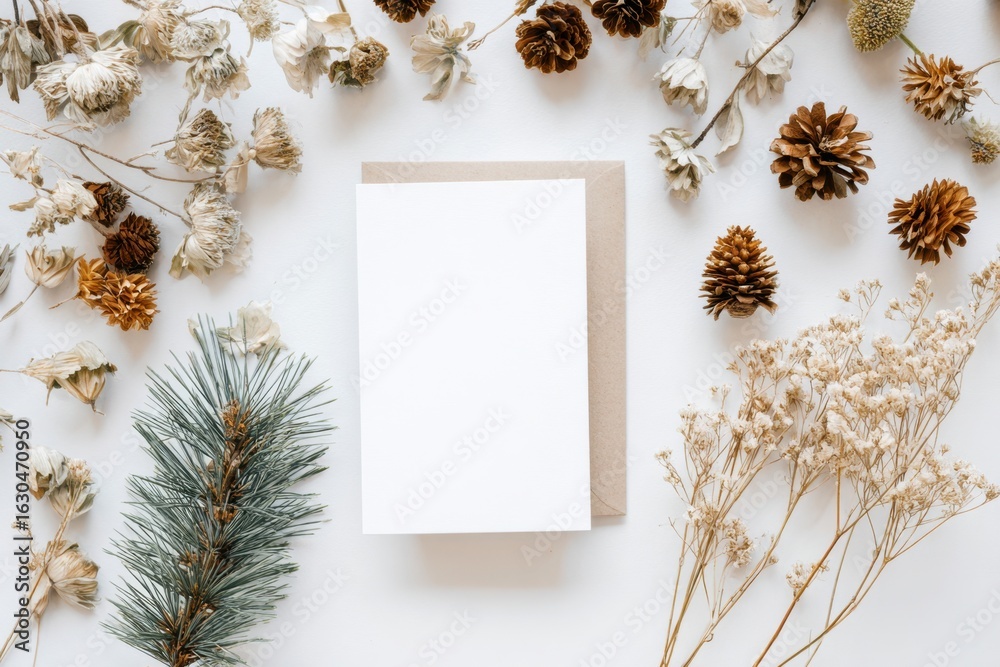 Fototapeta premium Blank Card Surrounded by Dried Flowers and Pine Cones on White Background.