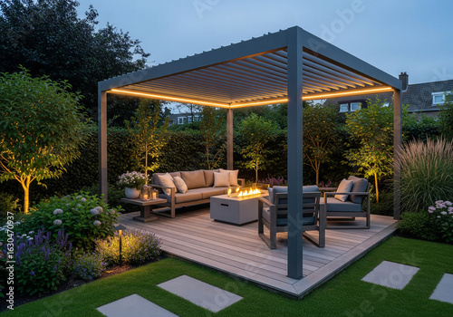 A stylish outdoor living space with a modern grey pergola, comfortable sofa, and a fire pit, illuminated with ambient lighting in a landscaped garden at dusk
