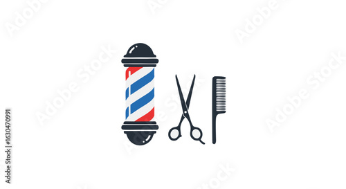 Classic barbershop tools icon design showcasing iconic pole, scissors, and comb symbol representing hair services and grooming tradition