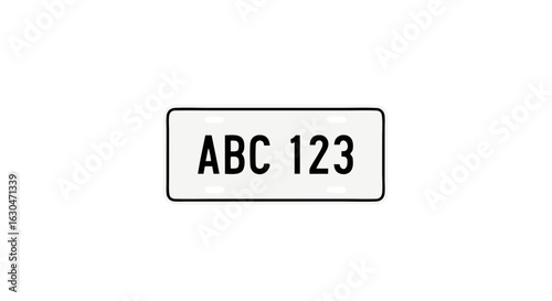 Generic white license plate with black text reading abc 123 with minimal design features that is isolated on a clean background