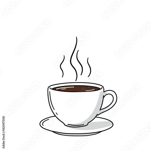 Simple line drawing of a steaming cup of coffee on a saucer.