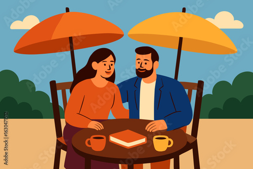Vector flat illustration depicting a senior couple sunbathing under umbrellas on the beach, symbolizing retirement, travel, summer tourism, and active old age with a smiling elderly man and woman