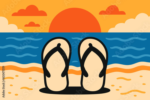 Engraving featuring flip flops surrounded by ocean waves and floral design elements