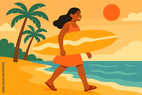Illustration of a tanned girl holding a surfboard on a beach during sunset, created in a vector style